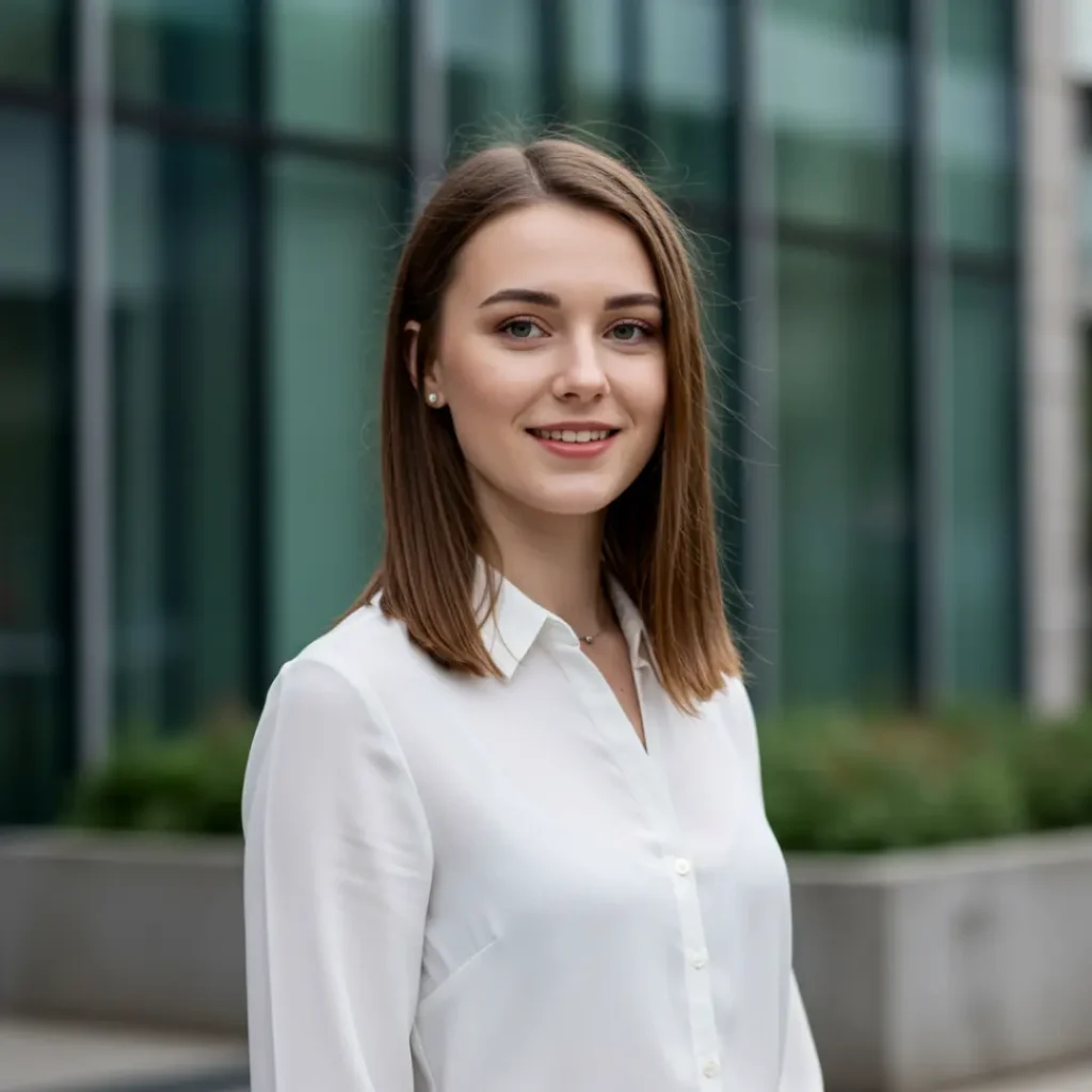 Emma D'Oliveira smiling in front of a modern office building in a white blouse