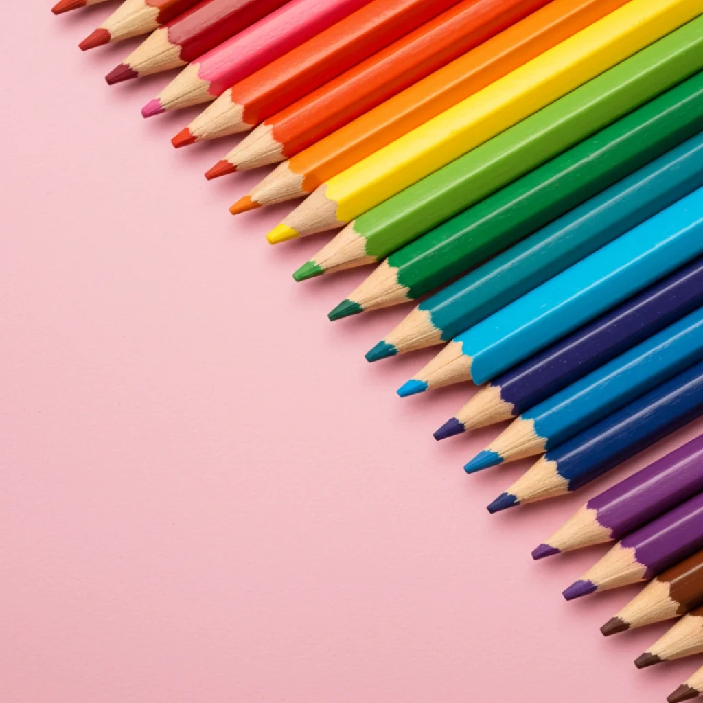 Diagonal arrangement of sharpened colored pencils forming a rainbow pattern on a pastel pink background